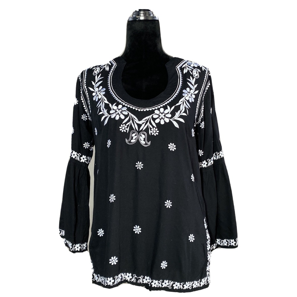 Escapada Top SMALL White Black Embroider Floral Tunic 3/4 Sl Peasant Keyhole